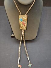 Vintage Native American Gold And Sterling Bolo Tie With Turquoise And Coral picture