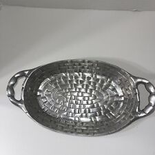 HECH EN PEWTER ALUMINUM WOVEN OVAL BREAD BASKET DISH WITH HANDLES picture