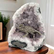 Pewter Horned Lizard On Amethyst Geode Stone Cluster Horny Toad picture