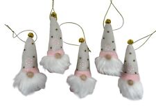 Mini Gnome Pink & White Plush Ornaments w/Bells Home Decor Set of 5 picture