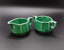 Vintage Mount Clemens Pottery 1930s Green Petal Ware Creamer & Open Sugar Bowl picture