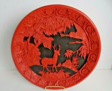 Red Cinnabar Lacquered Chinese 11.75 Diameter Round Carved Plate Vintage EUC picture
