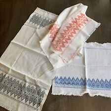 3 Handmade Towel Bargello Vintage Kitchen Tea Dish Swedish Embroidery White Blue picture