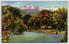 Pikes Peak Mountain, Monument Valley Park, Vintage Antique Linen 1940 Postcard picture