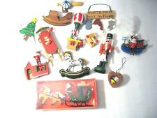 LOT of 13 WOODEN CHRISTMAS ORNAMENTS – SANTA, ROCKING HORSE, SLED, NUTCRACKER ++ picture