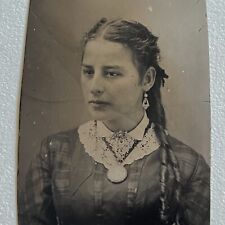 Antique Tintype Photograph Beautiful Young Woman Long Curled Hair Locket Earring picture
