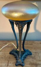 Antique Table Lamp Art Nouveau Bronze Rams Head Iridescent Quezal Shade picture