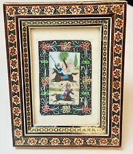 VTG Persian Hand Painted Inlaid Wooden Frame Painting Of Men Hunting On Horses picture