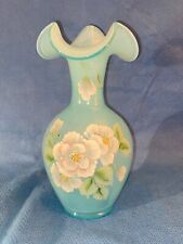 Fenton Hand Painted Glass Ruffle Rim Blue Floral Vase picture