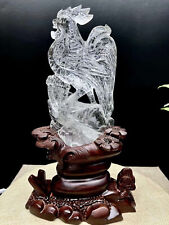 Rare Natural Clear Quartz Hand Carved Cock Skull Reiki Healing Decor+stand picture