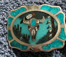 Johnson & Held Handmade turquoise inlaid buckle w/sz 38  blk leather beaded belt picture