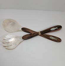 Salad Server Fork Spoon Tongs Natural Iridescent Capiz Mother of Pearl Seashell  picture