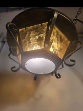 Antique 1910 - 25 Spanish Revival Pan Ceiling Fixture Light - Amber Glass Panels picture
