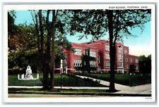 Fostoria Ohio Postcard High School Building Fountain Trees 1934 Antique Vintage picture