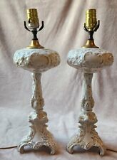 2 Antique Boudoir Bedside Table Lamps White Porcelain Gold Accents Project Piece picture