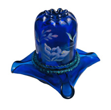 Vtg Fenton Cobalt Blue Floral Hand Painted 3-PC Large Fairy Lamp TJ Mendenhall picture