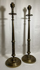 Very TALL 30-1/2” Pair Brass Maitland Smith Twist Candlestick w/Glass Hurricanes picture