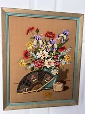 Vintage Sunset Stitchery FAN AND FLOWERS Framed Finished Crewel Needlepoint picture
