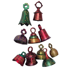 Vintage Christmas Sarna Brass Bell Lot 10 Colored Etched Red Green Purple India picture