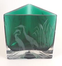 Stunning Triangular Etched Emerald Green Heron & Dragonfly Votive Candle Holder picture