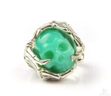 Gemstone Size 9 1/2, Chrysoprase & 925 Sterling Silver Carved Crystal Skull Ring picture
