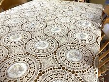 Large Vintage Cream Hand Made Portuguese Crochet & Hand Embroidered Tablecloth picture