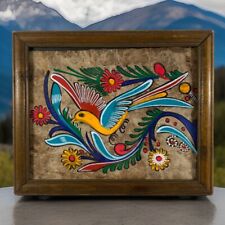Vintage Mexican Folk Art Amate Bark Painting Vibrant Handmade Framed picture