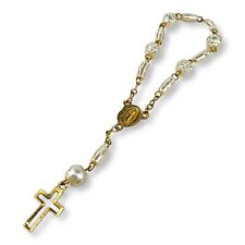 Vintage Faux Pearl Gold Tone Small Wrist or Child Rosary picture