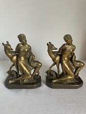 Antique Girl & Fawn Bronze Plated Bookends 9 1/2