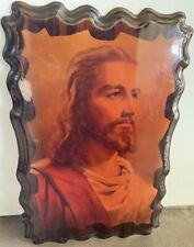Vintage MCM 1959 Messenger Corp Jesus Christ Portrait Wood Lacquer Print Icon Lg picture