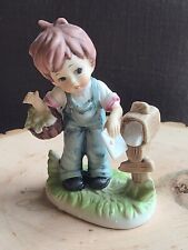 Vintage Boy with Letter and Mailbox figurine Overalls Basket Heart picture