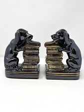 PAIR  VTG MCM National Potteries Cleveland Dachshund Dog Bookends Bank Glazed 8” picture