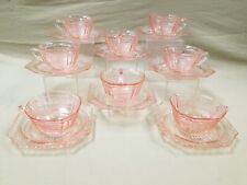 Set of 8 Vintage Floral Pattern Pink Depression Glass Teacups & Saucers picture