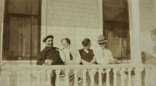 Two Couples Sitting On Porch Woman Laughing B&W Photograph 2.75 x 4.5 picture