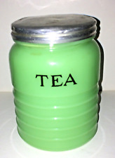 Jeanette Vintage Jadite Green Glass Tea Canister Jar & Lid 1930's Great Cond picture