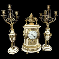 Exquisite French Louis XVI Marble and Bronze Chimney Clock Set, Mid-19th Century picture