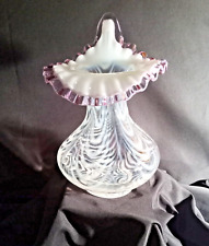 RARE SIGNED FENTON CLEAR VASE, DRAPERY FROSTING & LAVENDAR/PINK RUFFLE picture