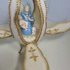 Real Goose Egg Nativity Mary Jesus Diorama Pedestal Embellished Gold Beaded VTG picture
