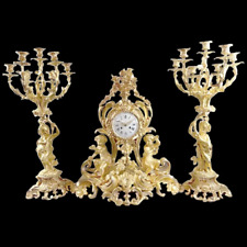 Magnificent 1840 French Louis XV Bronze Clock Set with Original Gold Leaf Finish picture