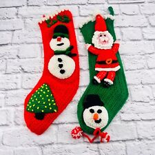 Handmade Vintage Crochet Christmas Stockings 2 PCS Red/Green Santa Snowman picture