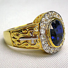 DIAMOND SAPPHIRE 14K YELLOW GOLD STERLING SILVER CHRISTIAN BISHOP RING MENS NEW picture