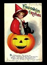 c1916 Signed Clapsaddle Halloween Postcard Girl Witch Red Dress, Black Cat, JOL picture