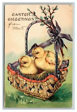 Vintage 1907 Easter Postcard - Cute Chicks in Basket Purple Bow White Flowers picture