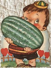 Unused Valentine Boy Carry Watermelon Melancholy Vtg Greeting Card 1930s 1940s picture