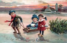CHRISTMAS - Children And Sled Pulling Tree Postcard - 1912 picture