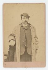 Antique Circa 1880s Cabinet Card Odd Looking Man in Suit & Coat Wearing Hat picture