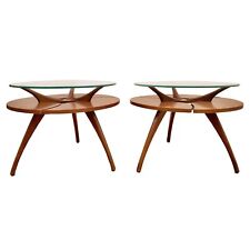2 Vintage Mid Century Round Sculptural Wood Floating Glass Coffee End Table's  picture