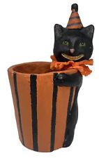 Halloween Black Cat Folk Art Style Planter Bowl Orange Stripe Anthropomorphic picture