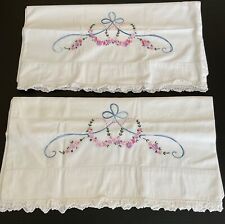 Vintage pair of  Pillow Cases w/ Pink -Blue *Embroidered Floral Swag & Blue Bow. picture