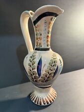 Mexican Tonala Pottery Pitcher, Vase - Hand Painted Signed E 12” Tall picture
